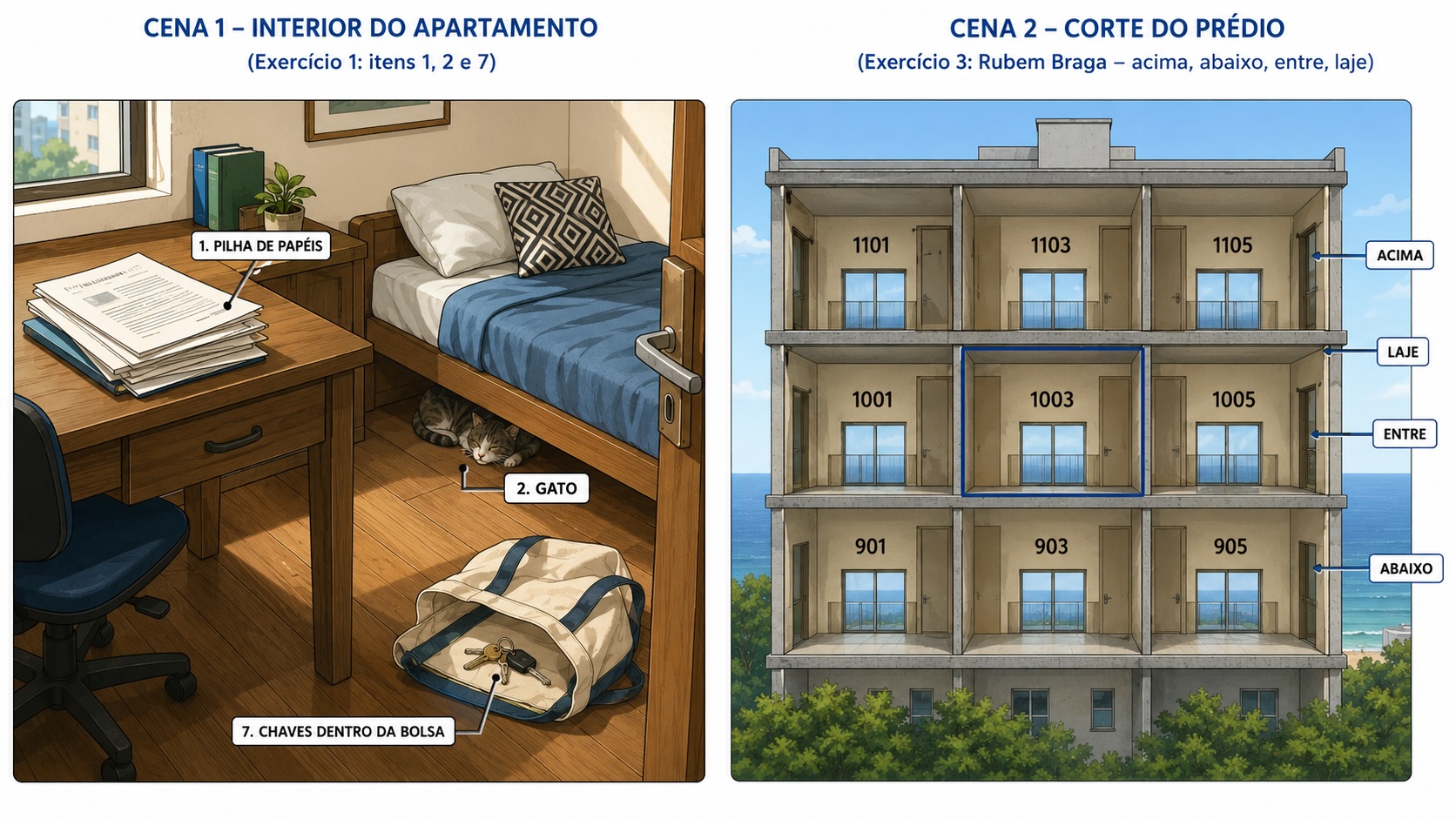 Interior do apartamento com objetos identificados e corte do prédio com apartamentos acima, entre e abaixo