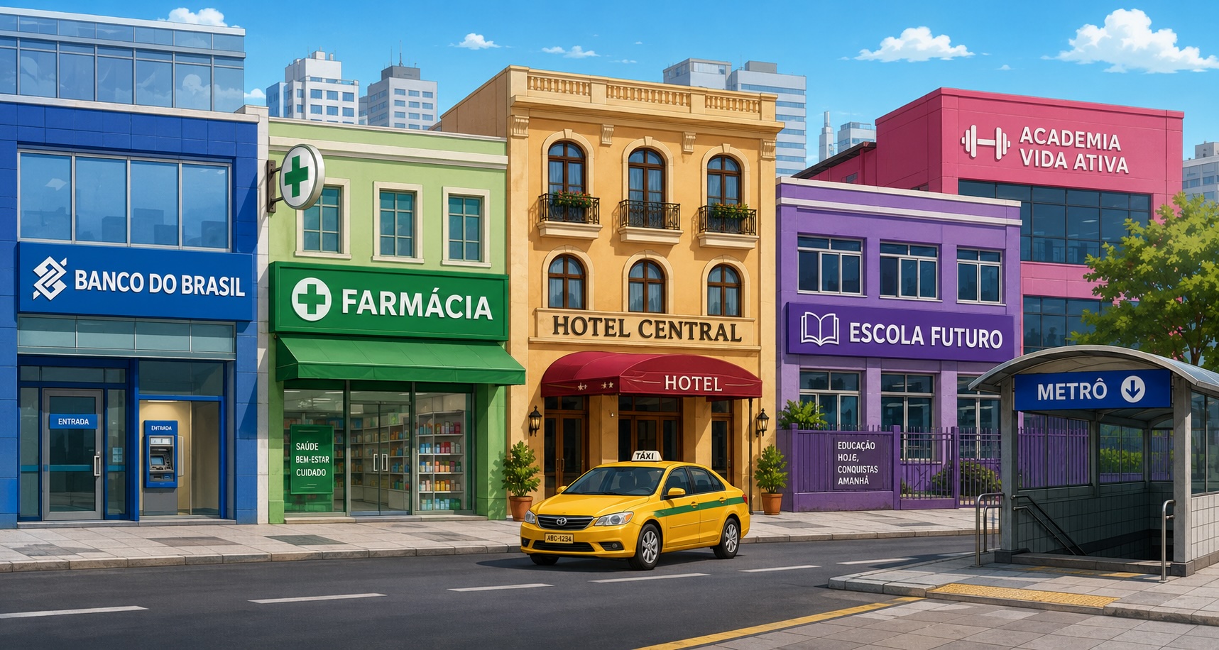 Rua com Banco do Brasil, Farmácia, Hotel Central, Escola Futuro, Academia Vida Ativa e entrada do Metrô